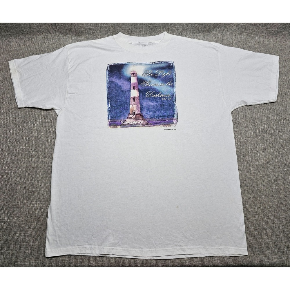 VINTAGE Jesus Shirt Mens 2XL White Light Of the World Lighthouse Christian 90s